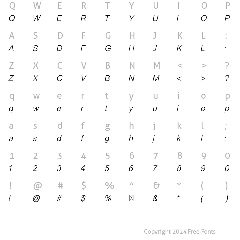 Character Map of Thoren Sans Light Italic