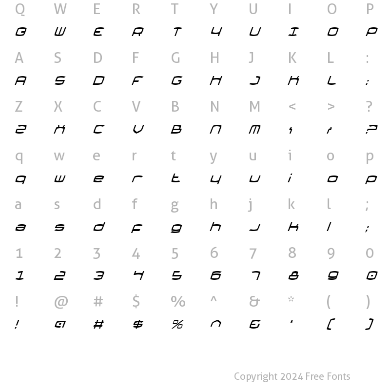 Character Map of Thundergod Condensed Italic Condensed Italic