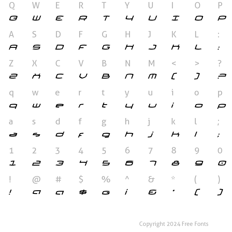 Character Map of Thundergod II Italic Italic