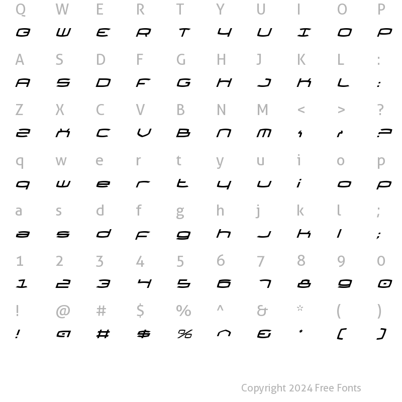 Character Map of Thundergod Italic Italic