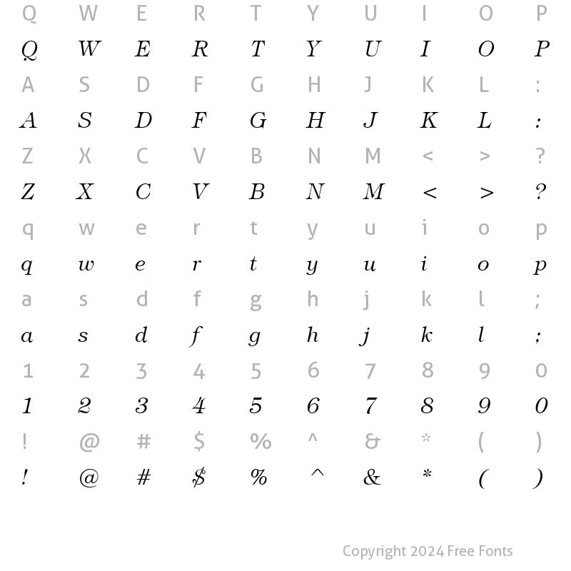 Character Map of Tiffany Lt BT Light Italic