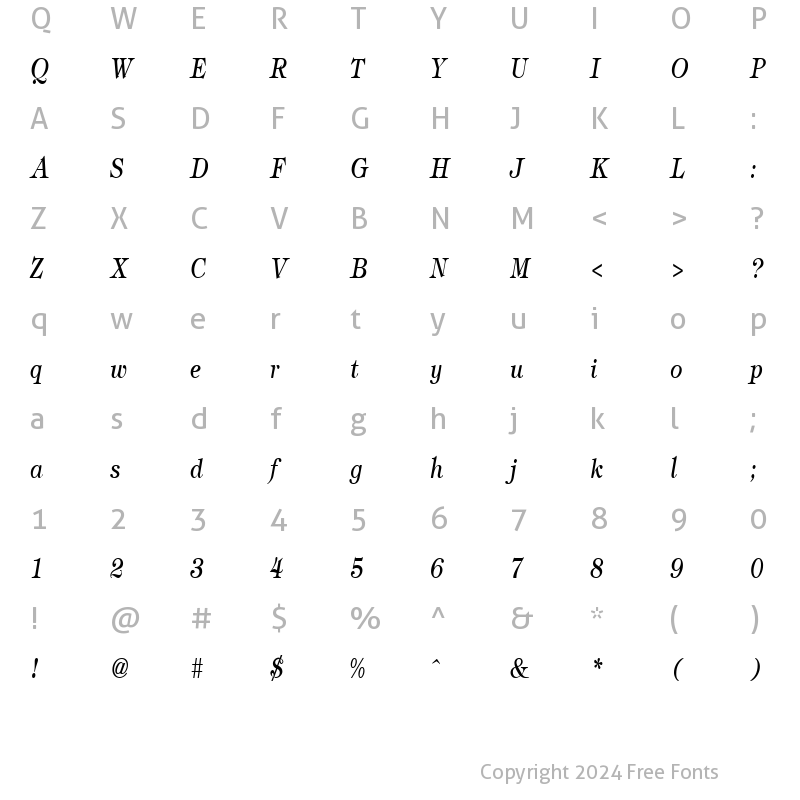 Character Map of TimbrelCondensed Italic