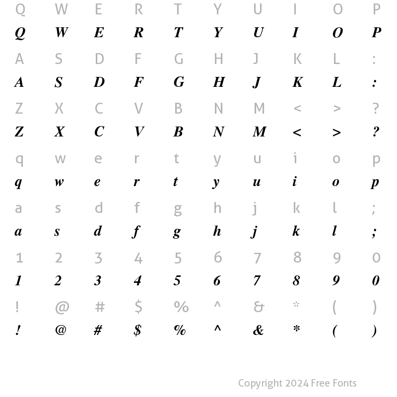 Character Map of Times-BoldItalic Regular