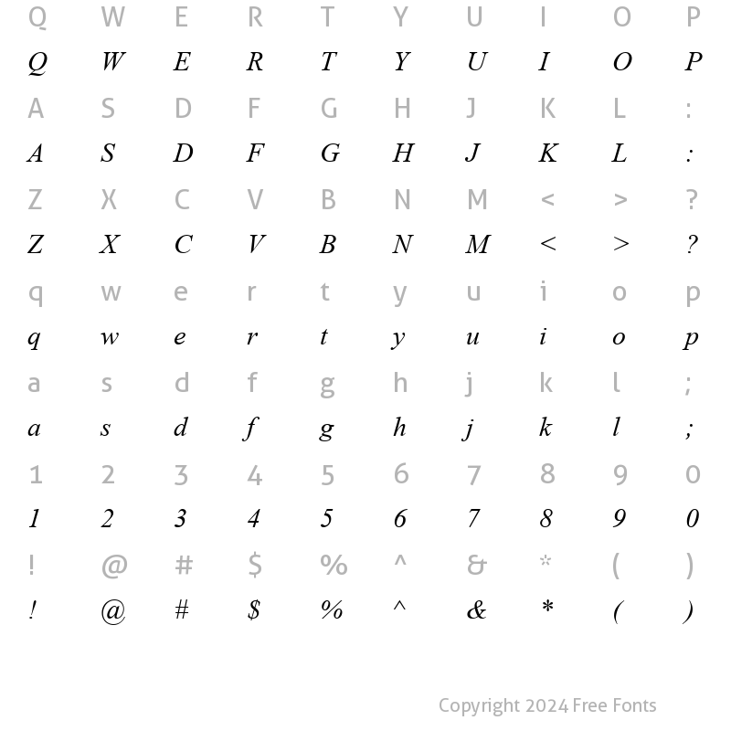 Character Map of Times New Roman Italic