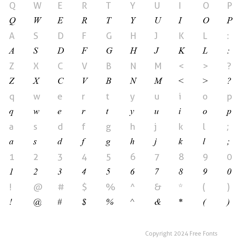 Character Map of Times New Roman Mon Italic