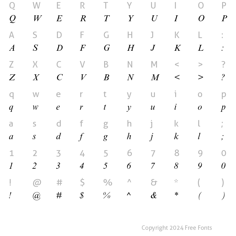 Character Map of Times New Roman MT Std Italic