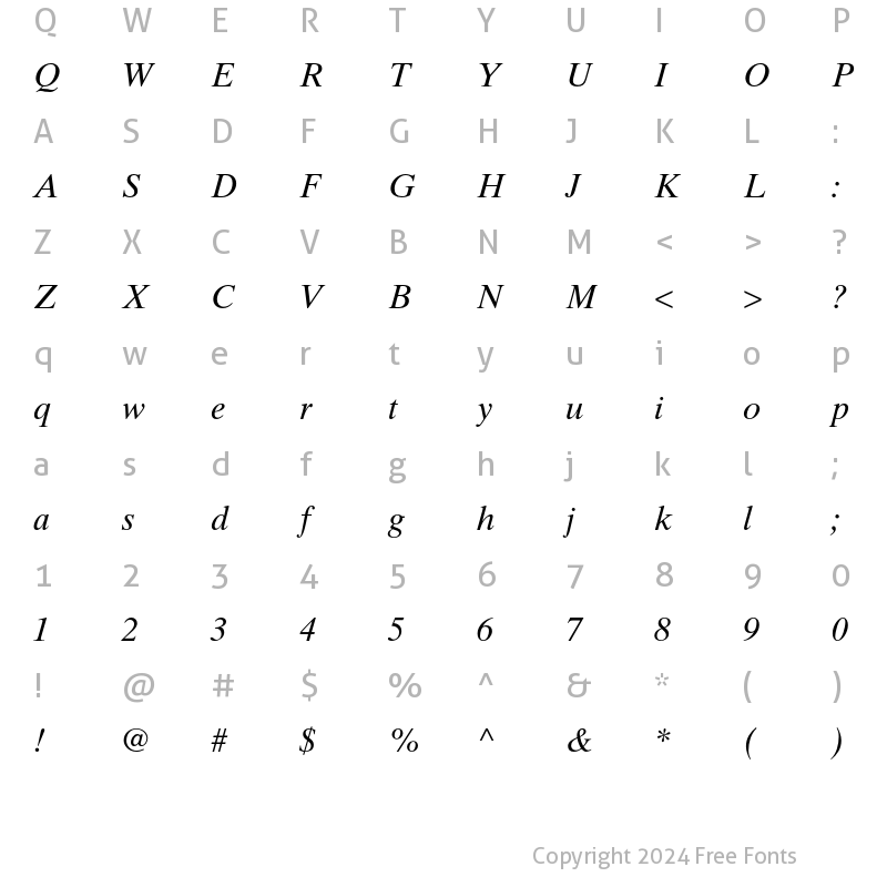 Character Map of Times Ten Cyrillic Inclined