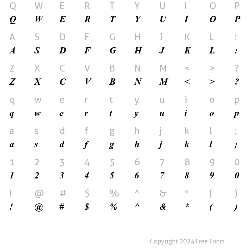 Character Map of Times2 New Roman Bold Italic Turkce