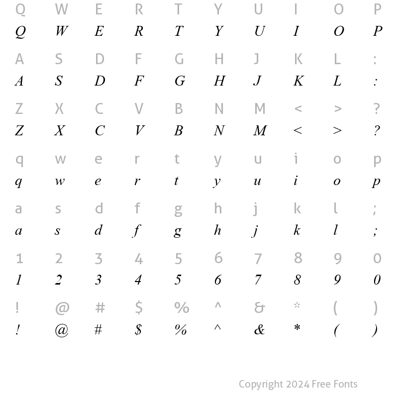 Character Map of Times2 New Roman Italic Turkce