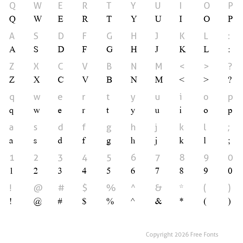 Character Map of Times2 New Roman Regular Turkce
