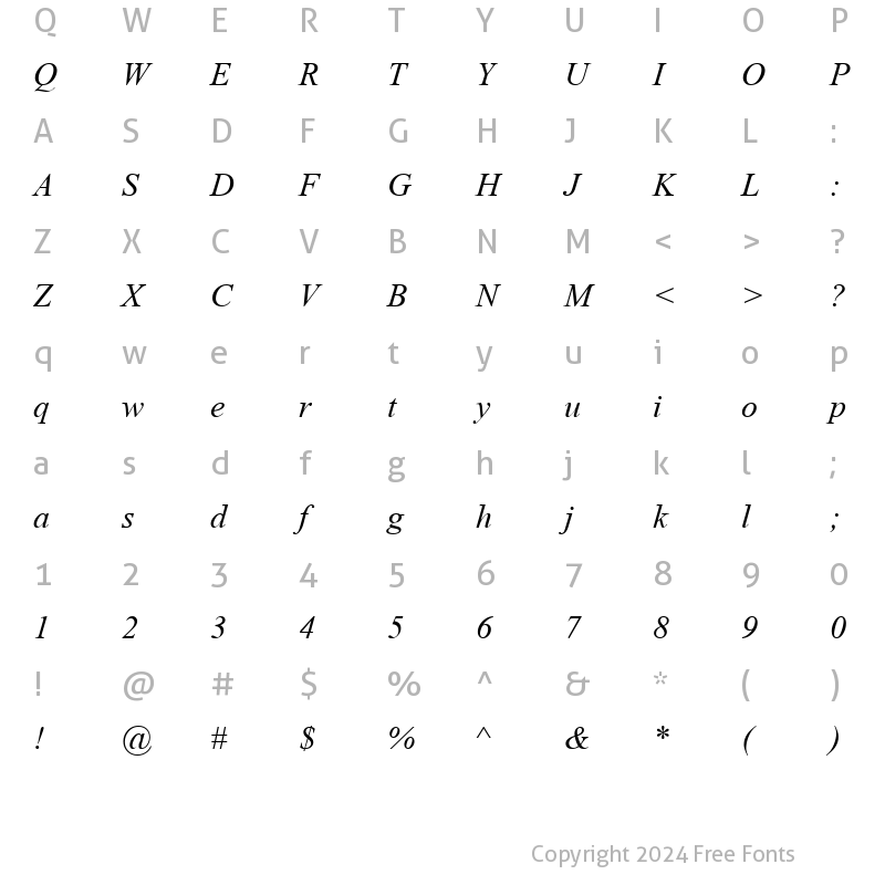 Character Map of TimesNewRomanPS ItalicMT