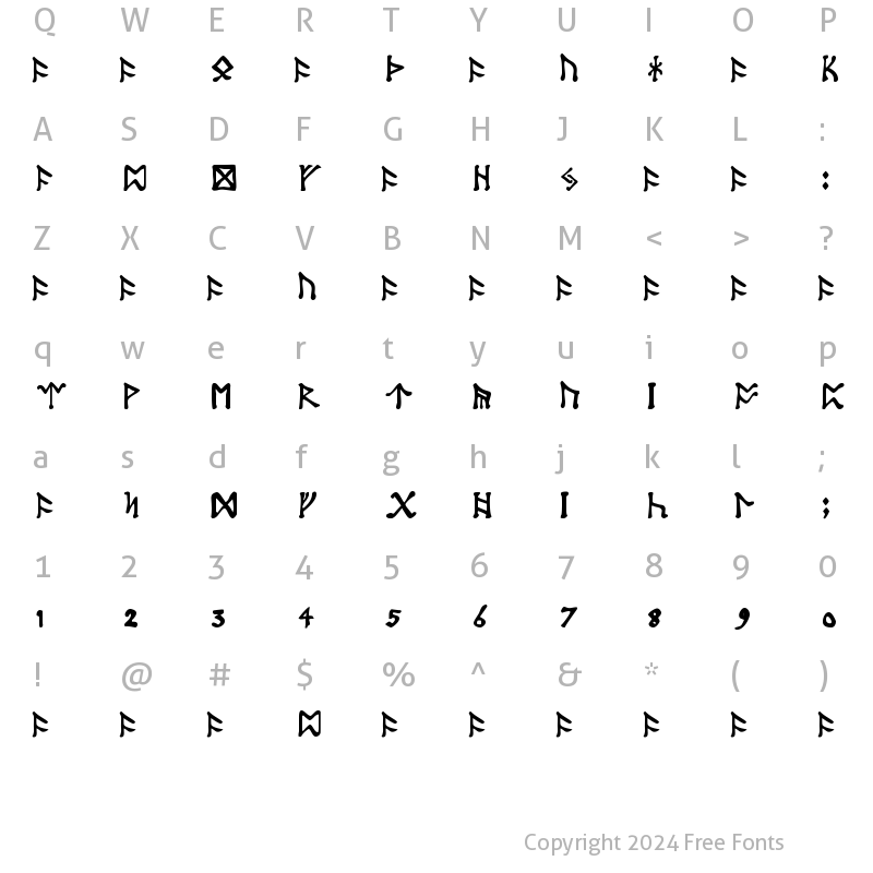 Character Map of Tolkien Dwarf Runes Regular