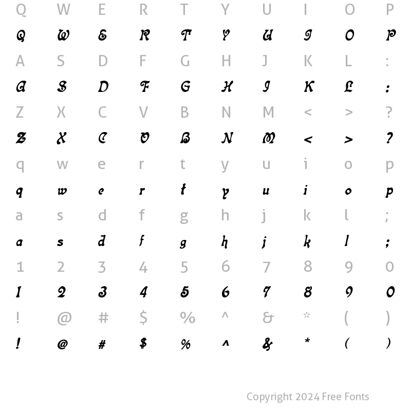 Character Map of Topeka Bold Italic