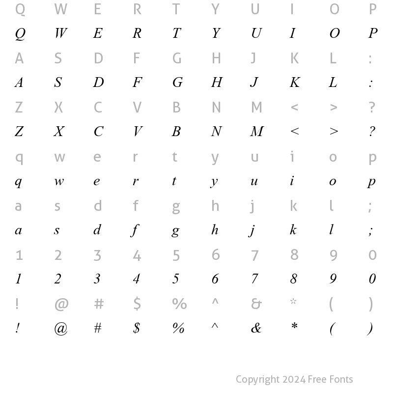 Character Map of TR Times New Roman Italic