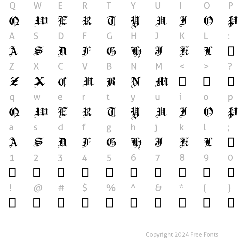 Character Map of Traditional Gothic, 17th c. Regular