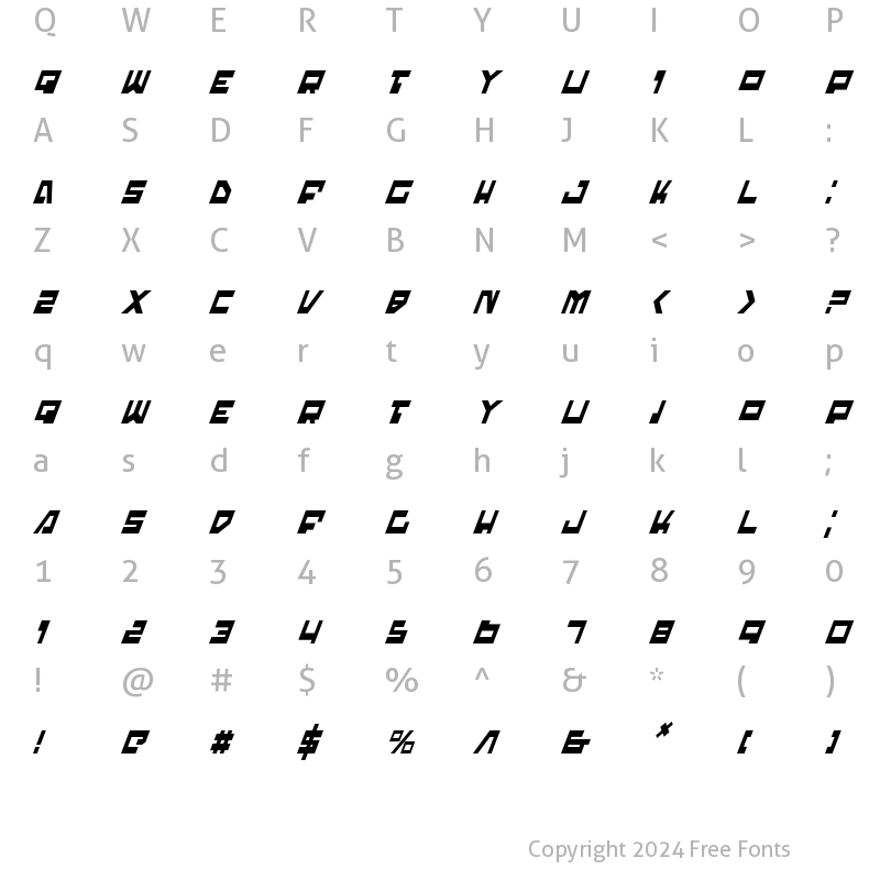 Character Map of Trajia Condensed Italic Condensed Italic