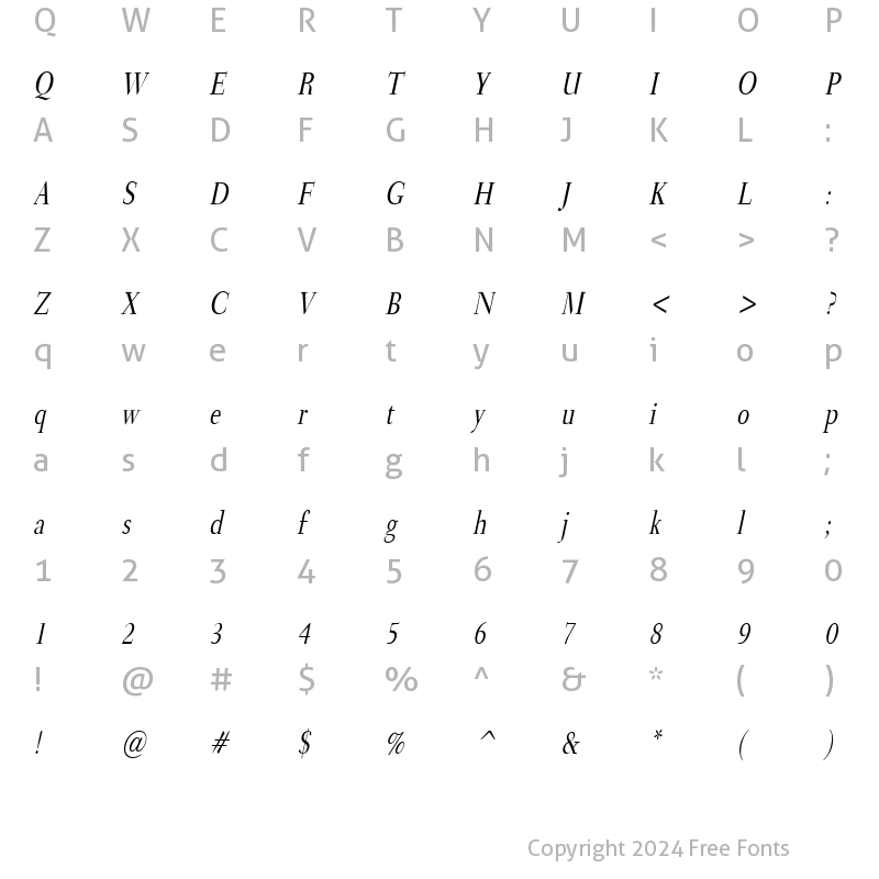 Character Map of Transit Condensed Italic