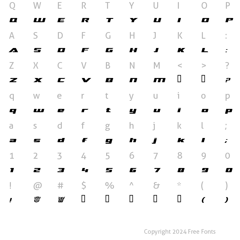 Character Map of TransRobotics Extended Italic