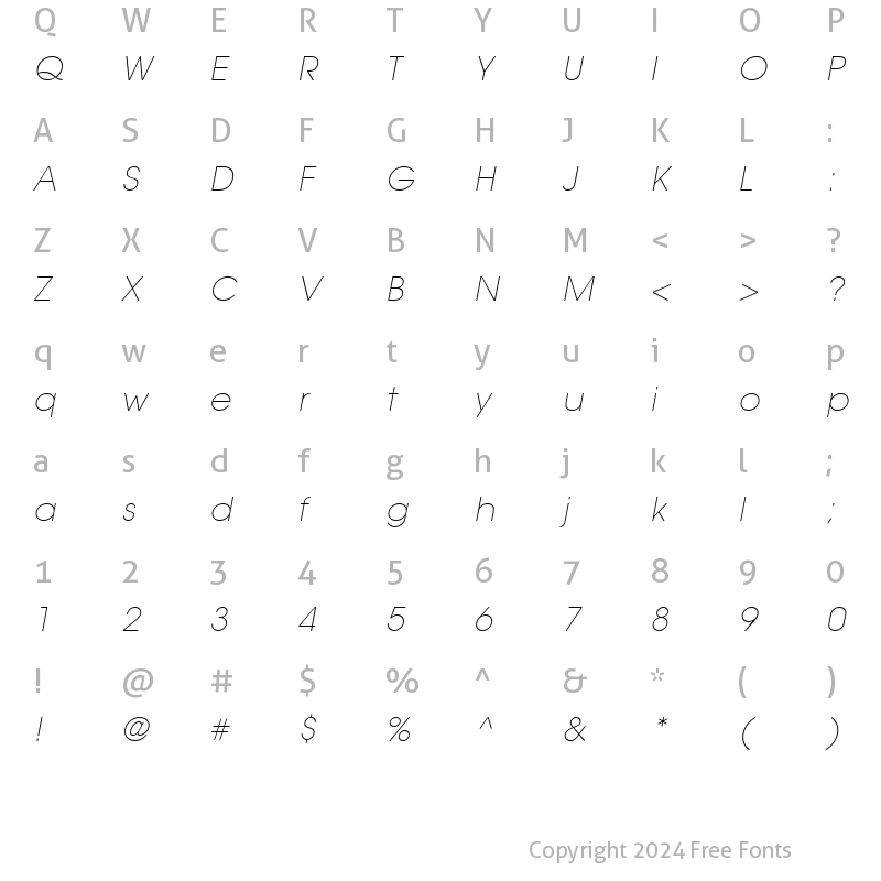 Character Map of Trendex Light SSi Extra Light Italic