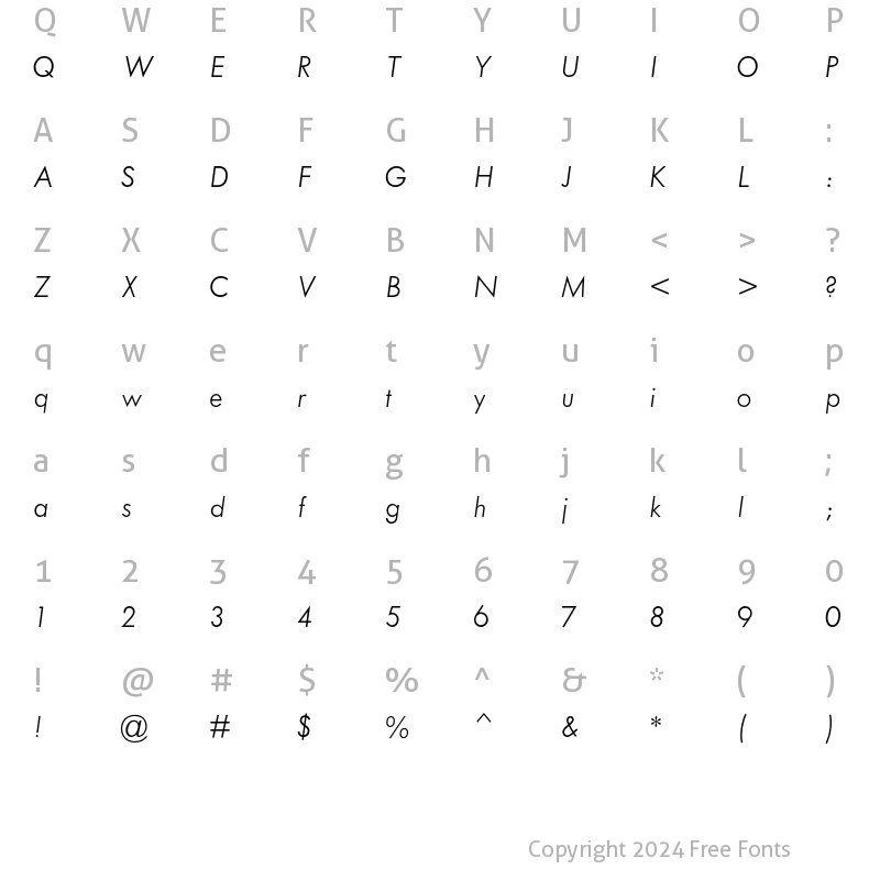 Character Map of Tw Cen MT Std Light Italic