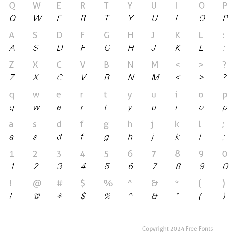 Character Map of Unique Light ITALIC