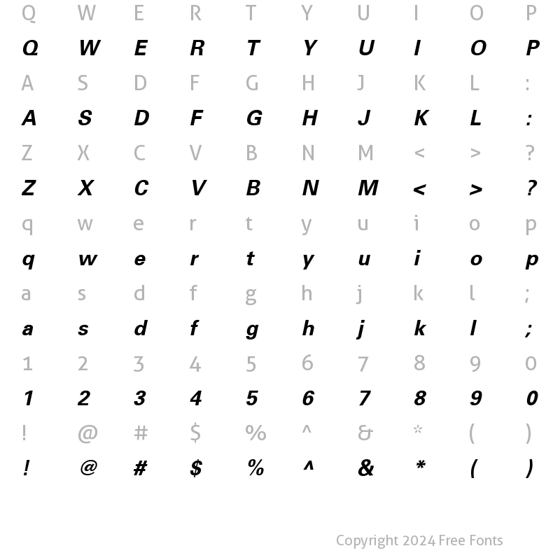 Character Map of Univers 45 Light Bold Italic