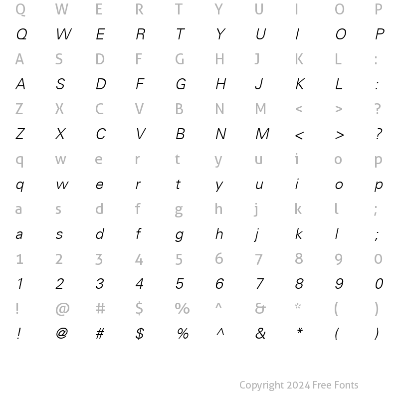 Character Map of Univers 45 Light Italic