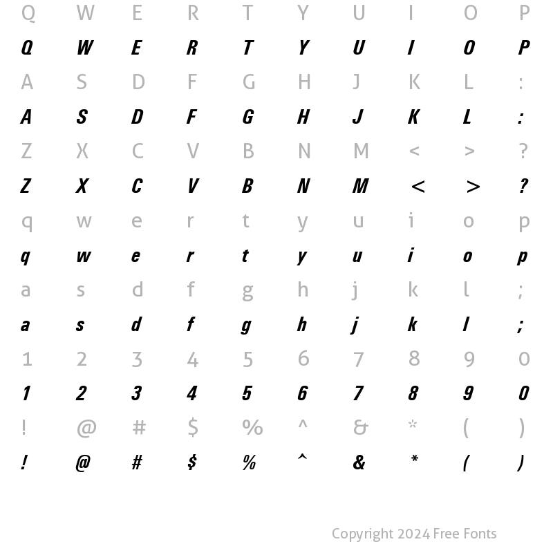 Character Map of Univers Condensed Bold Italic