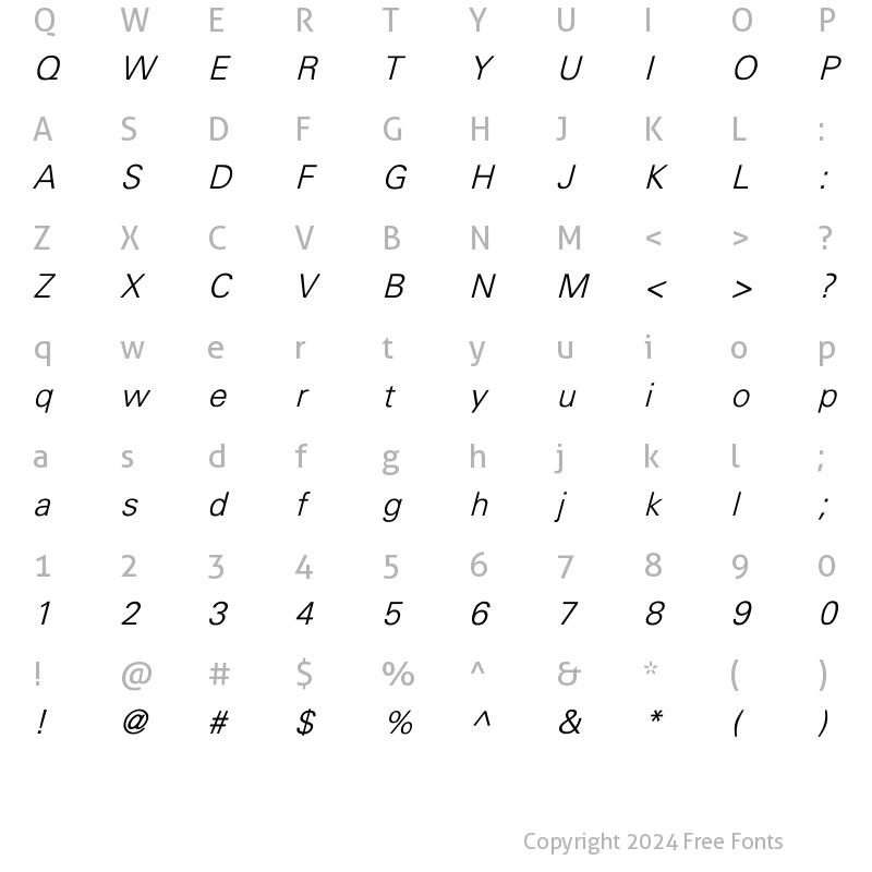 Character Map of Univers-Light Italic