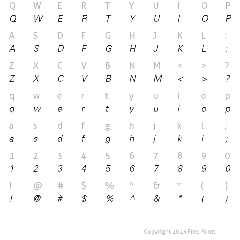 Character Map of Univers45-Light LightItalic