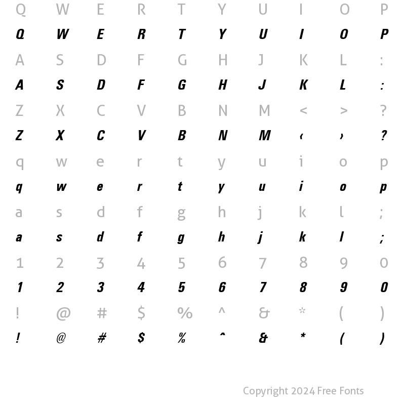 Character Map of Universal Condensed Bold Italic