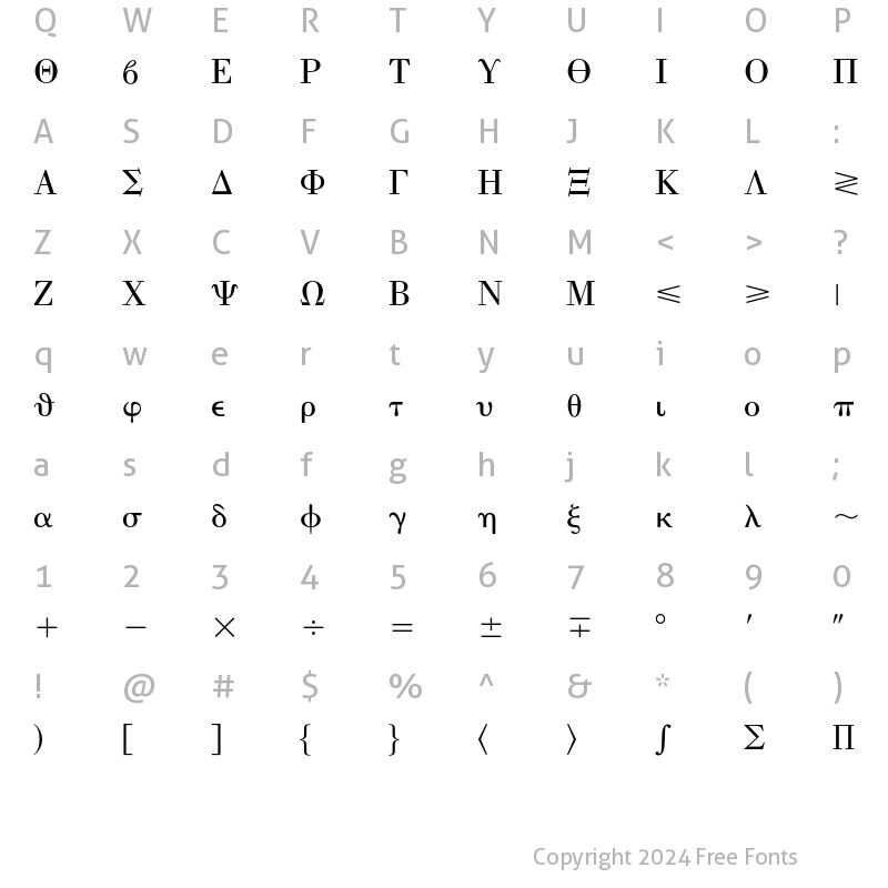 Character Map of Universal Greek w. Math Pi 169 Regular