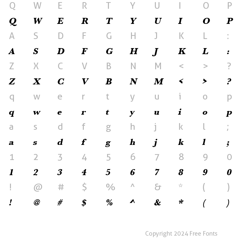 Character Map of URWBaskerTExtBol Oblique