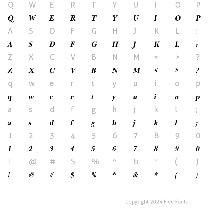 Character Map of URWBaskerTExtNar Bold Oblique