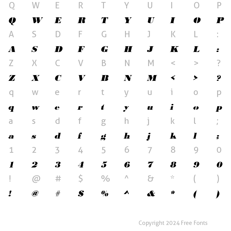 Character Map of URWBodoniDExtBolWid Oblique