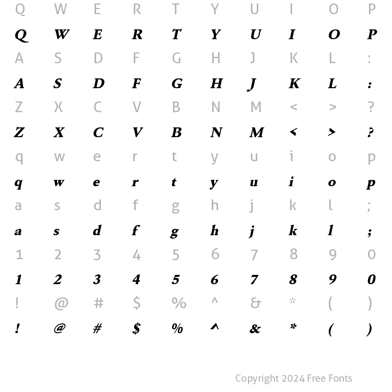 Character Map of URWGaramondTExtBolWid Oblique