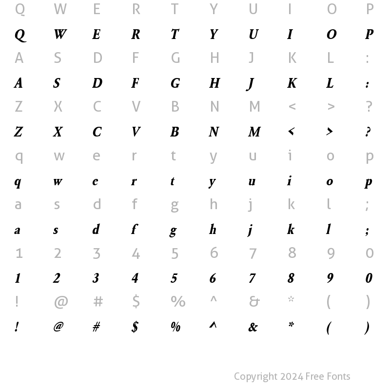 Character Map of URWGaramondTExtNar Bold Oblique