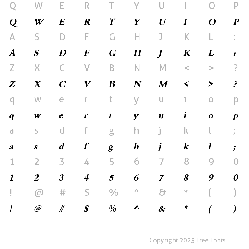 Character Map of URWGaramondTWid Bold Oblique