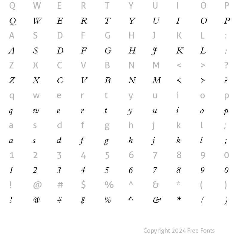 Character Map of URWPleiadesTLig Italic