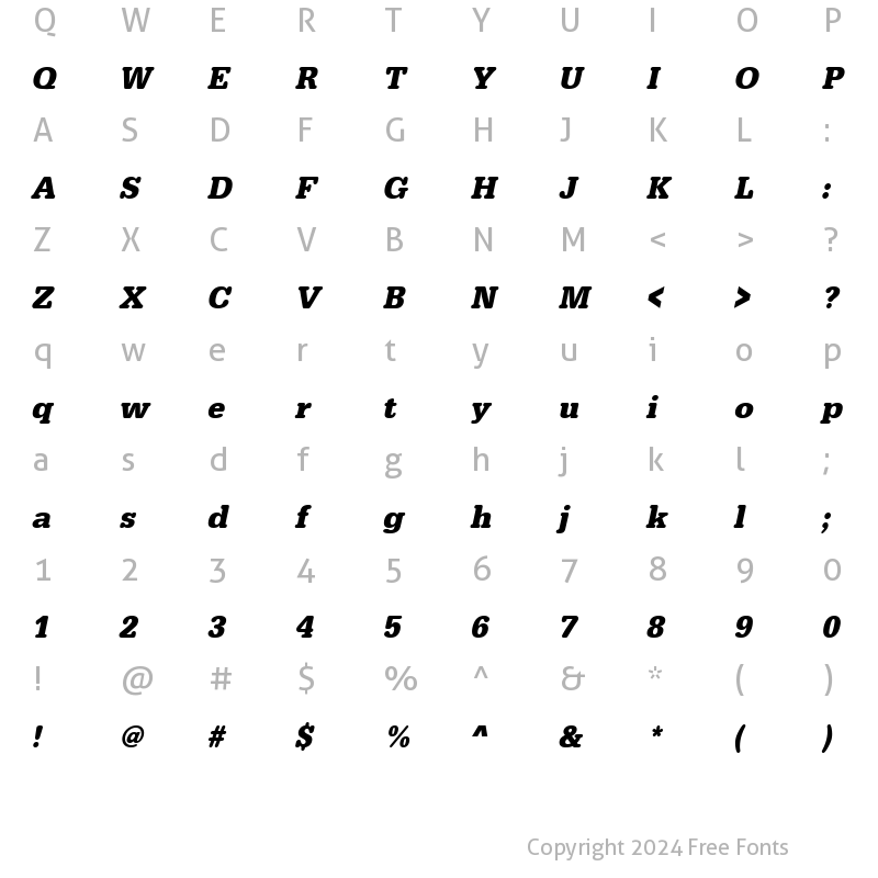 Character Map of URWTypewriterTNar Bold Oblique