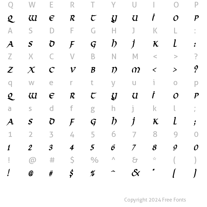 Character Map of Valhalla Condensed BoldItalic