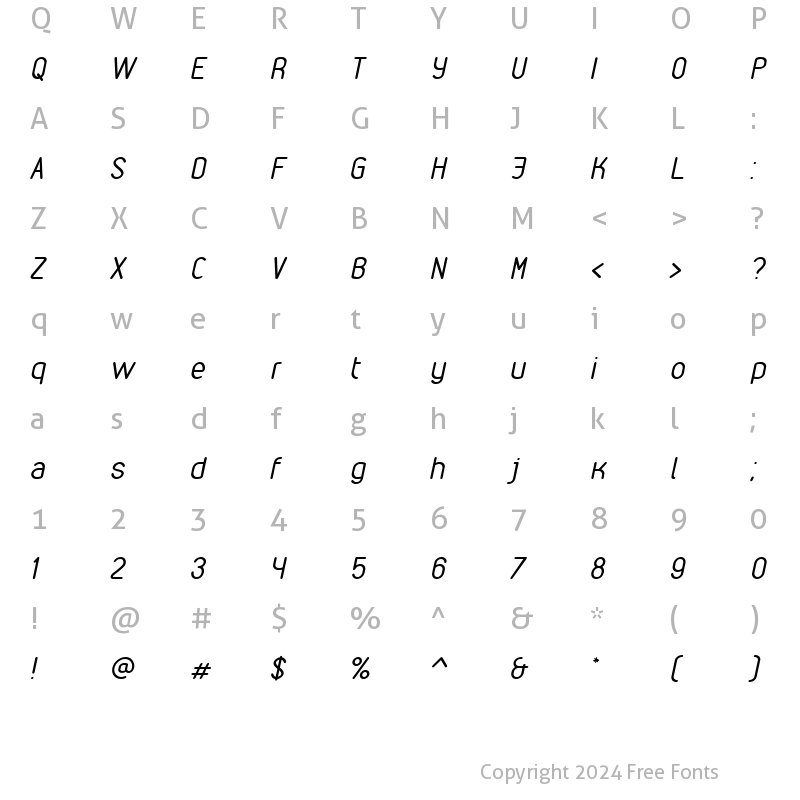 Character Map of VDS Compensated Light Italic