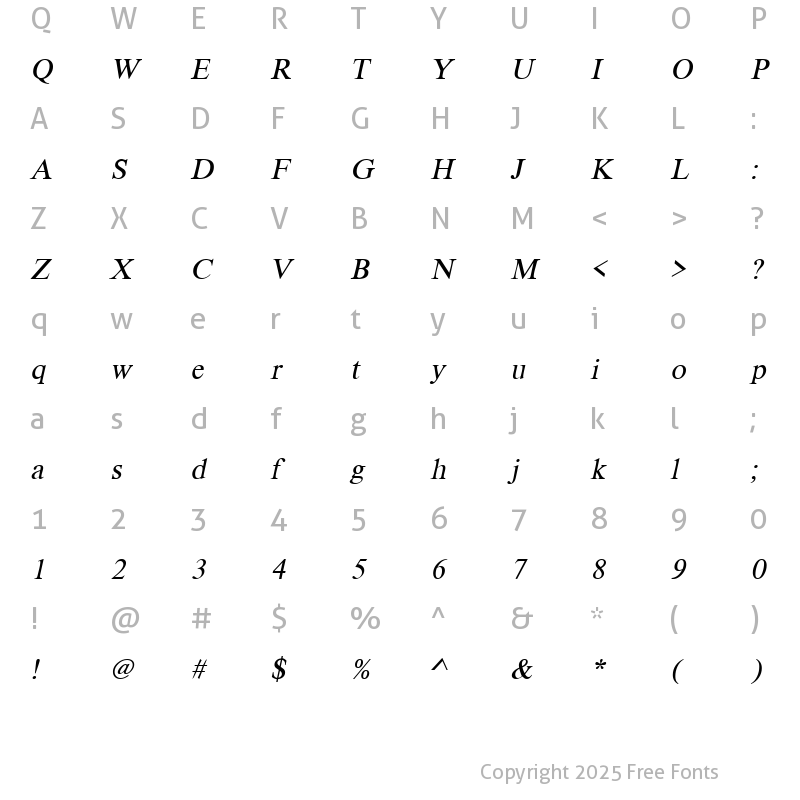 Character Map of VietnameseTimesSSK Italic