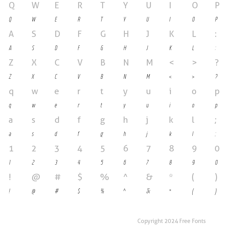 Character Map of Vogie Extra Light Condensed Italic