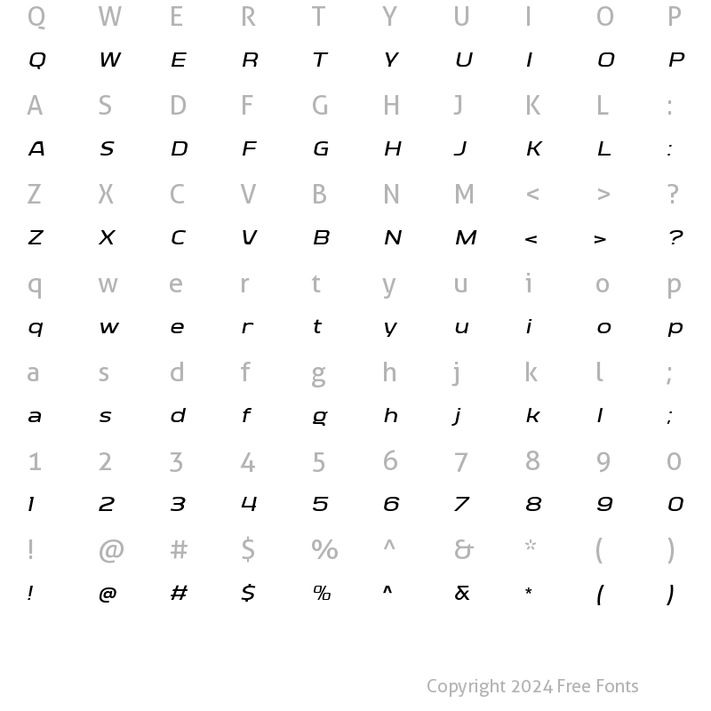 Character Map of Vogie Semi Bold Expanded Italic