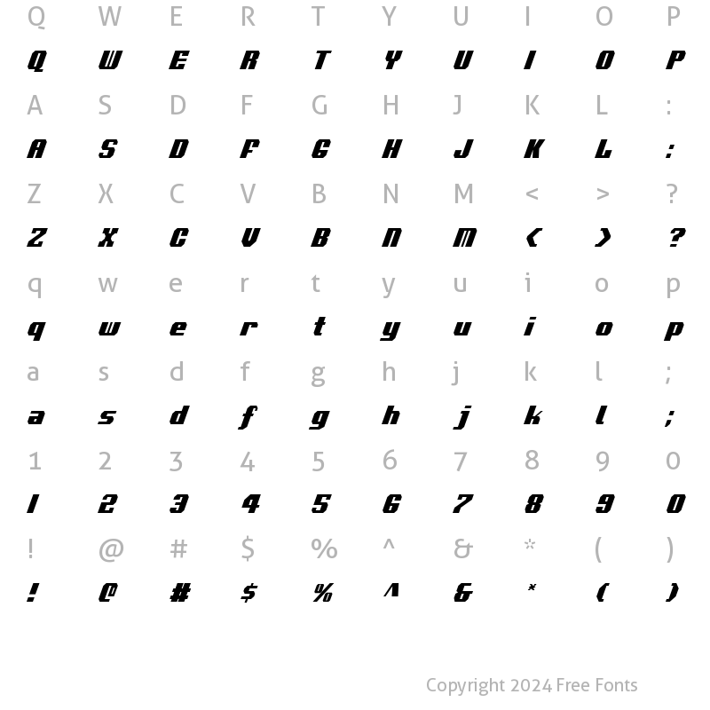 Character Map of Voortrekker Condensed Italic Condensed Italic