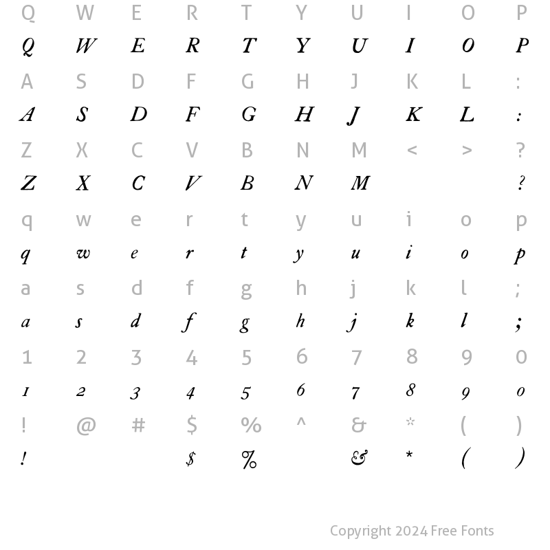 Character Map of VTCualaCaslon Italic