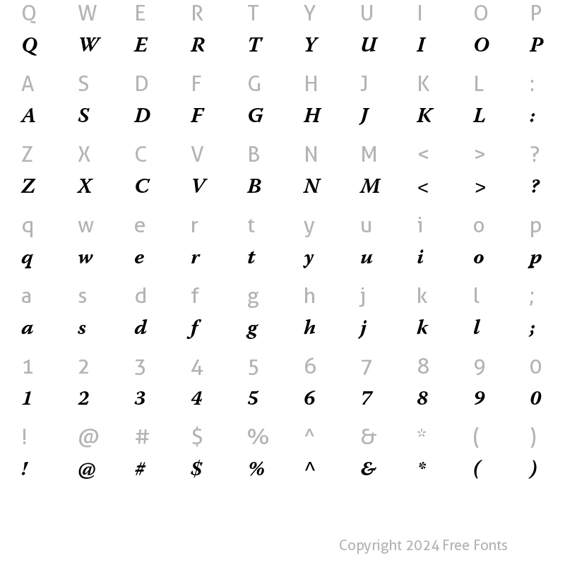 Character Map of Warnock Pro Bold Italic Caption