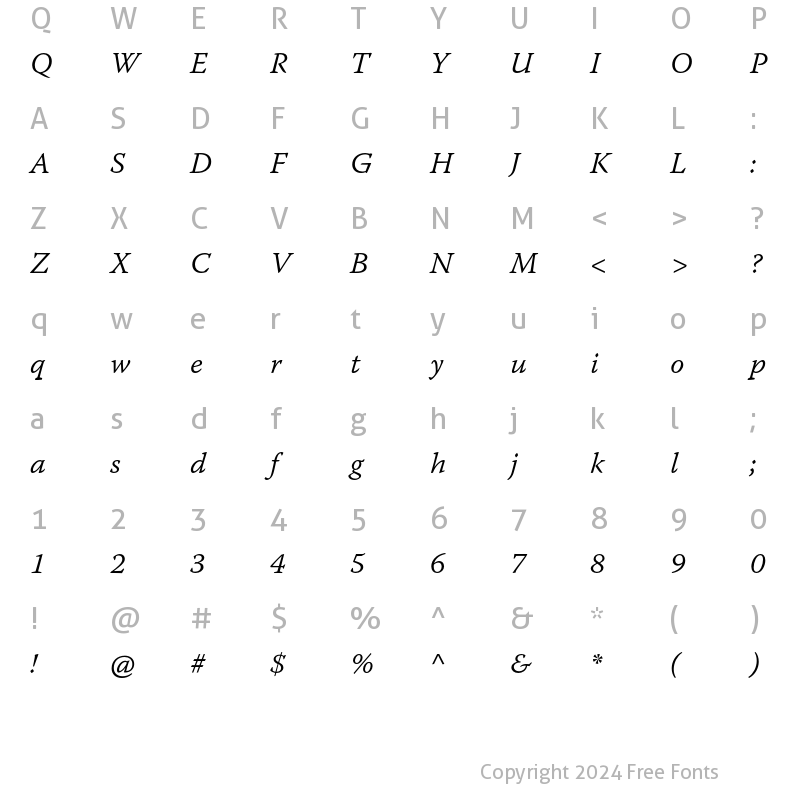 Character Map of Warnock Pro Light Italic Caption