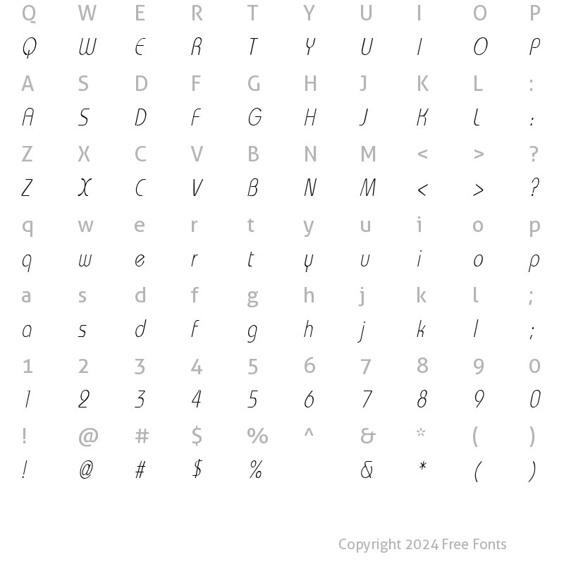 Character Map of WashingtonMetroCondensed Italic